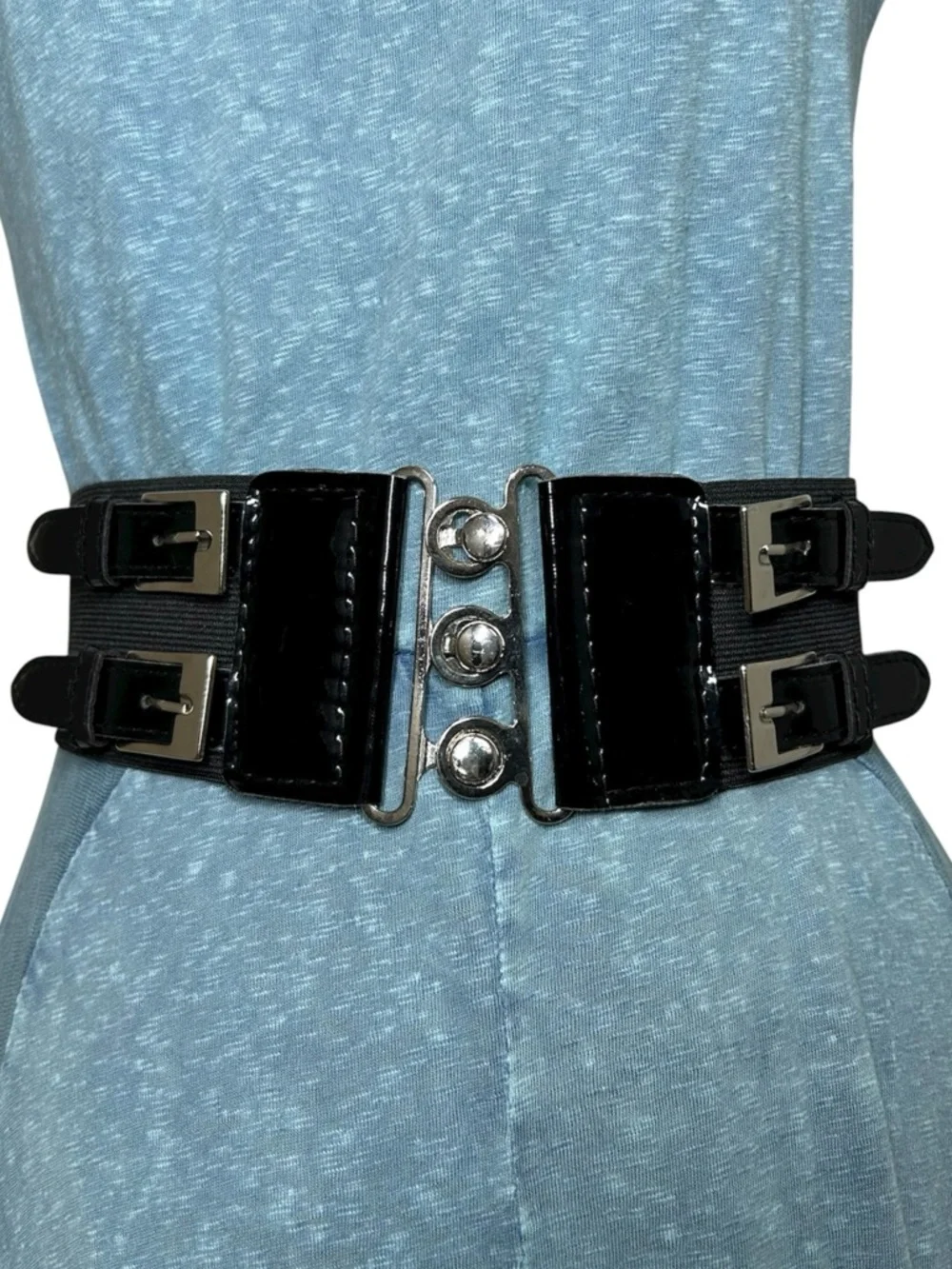 Wide Elastic‎ Corset Waist Black Belt Faux Patent Leather Silver Buckle Details